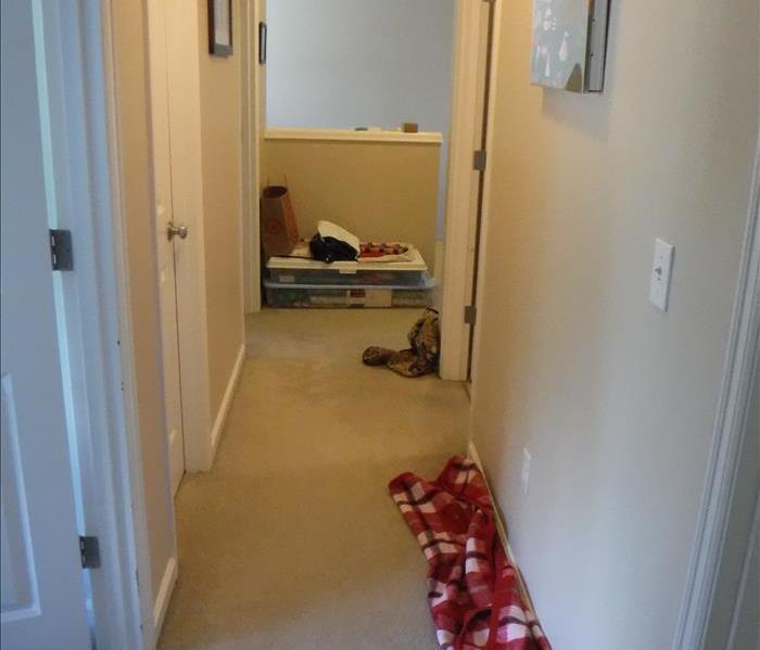 Hallway, carpet and towels on the floor